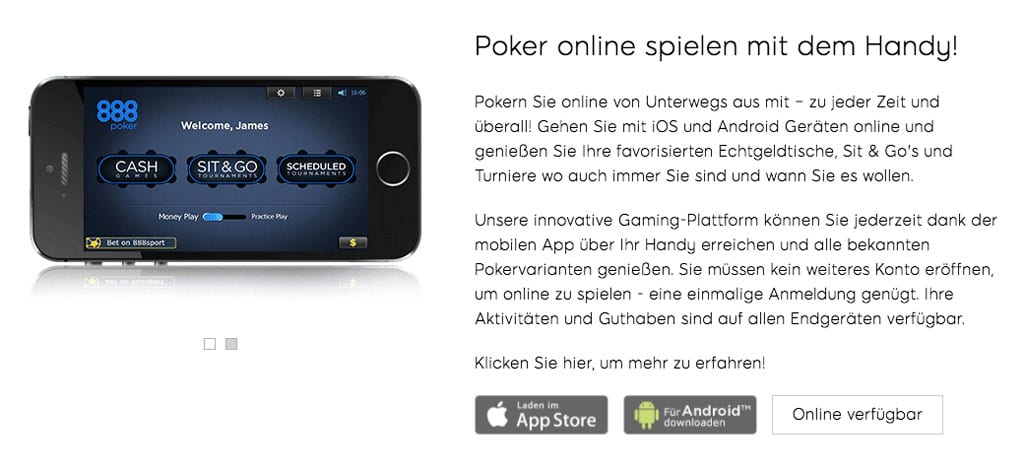 Mobile Poker app from 888 Poker for Android and Apple