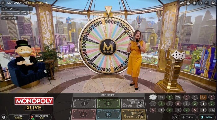 Woman in gold-colored dress stands in front of a noble-looking Monopoly Live wheel of fortune