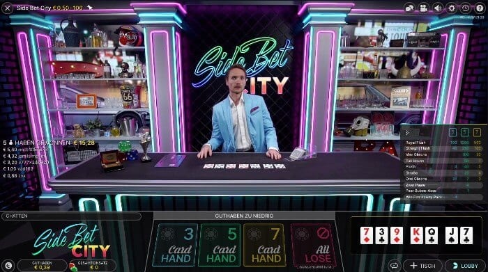 The presenter of Side Bet City is standing behind a counter, seven cards are lying face-up on a table in front of him